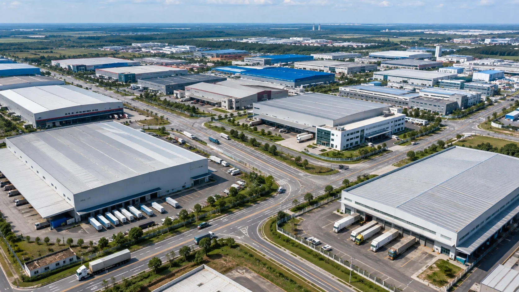 Aerial view of an industrial area with factories, warehouses and road infrastructure