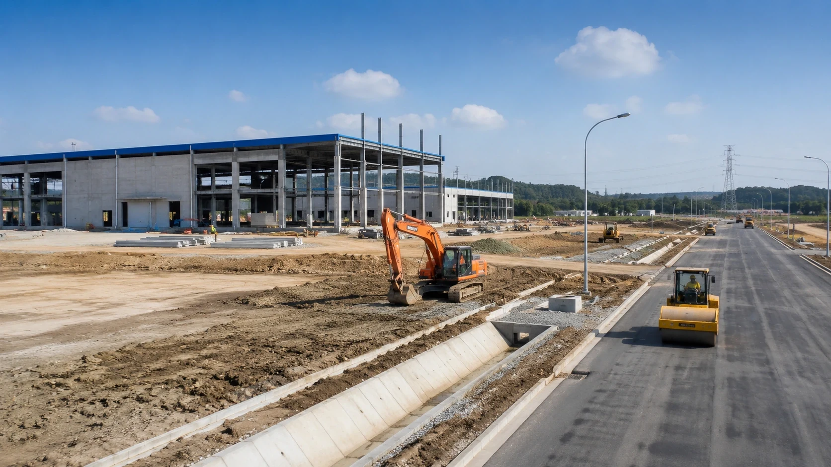 Industrial development site with construction and infrastructure works