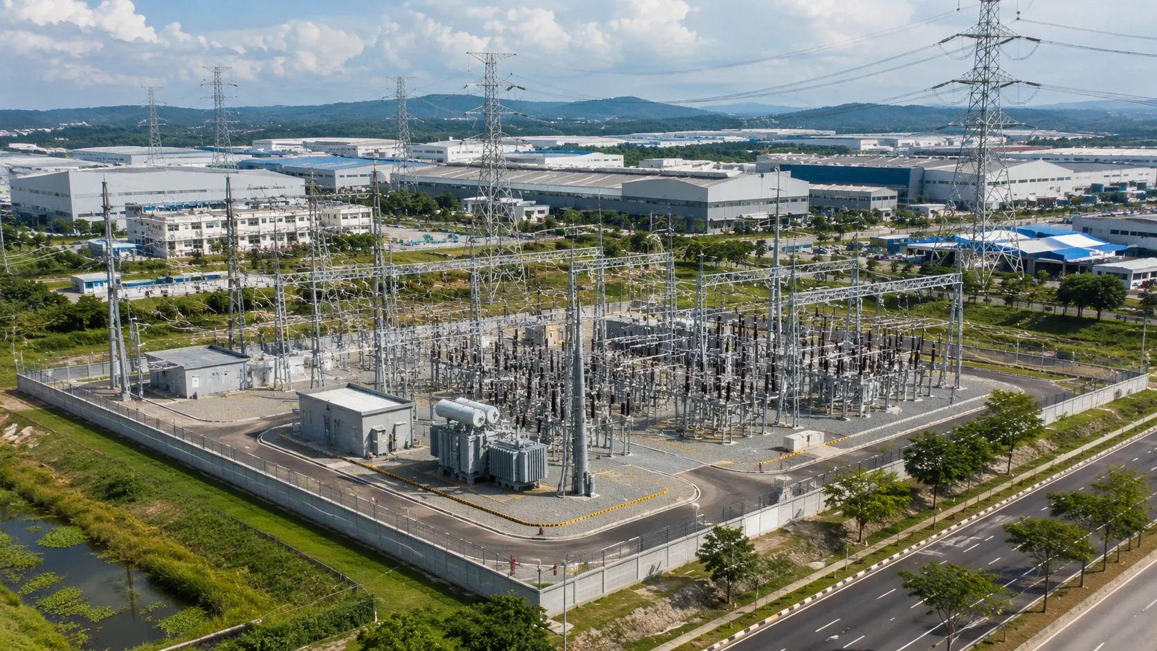 Electrical substation and power infrastructure serving an industrial area